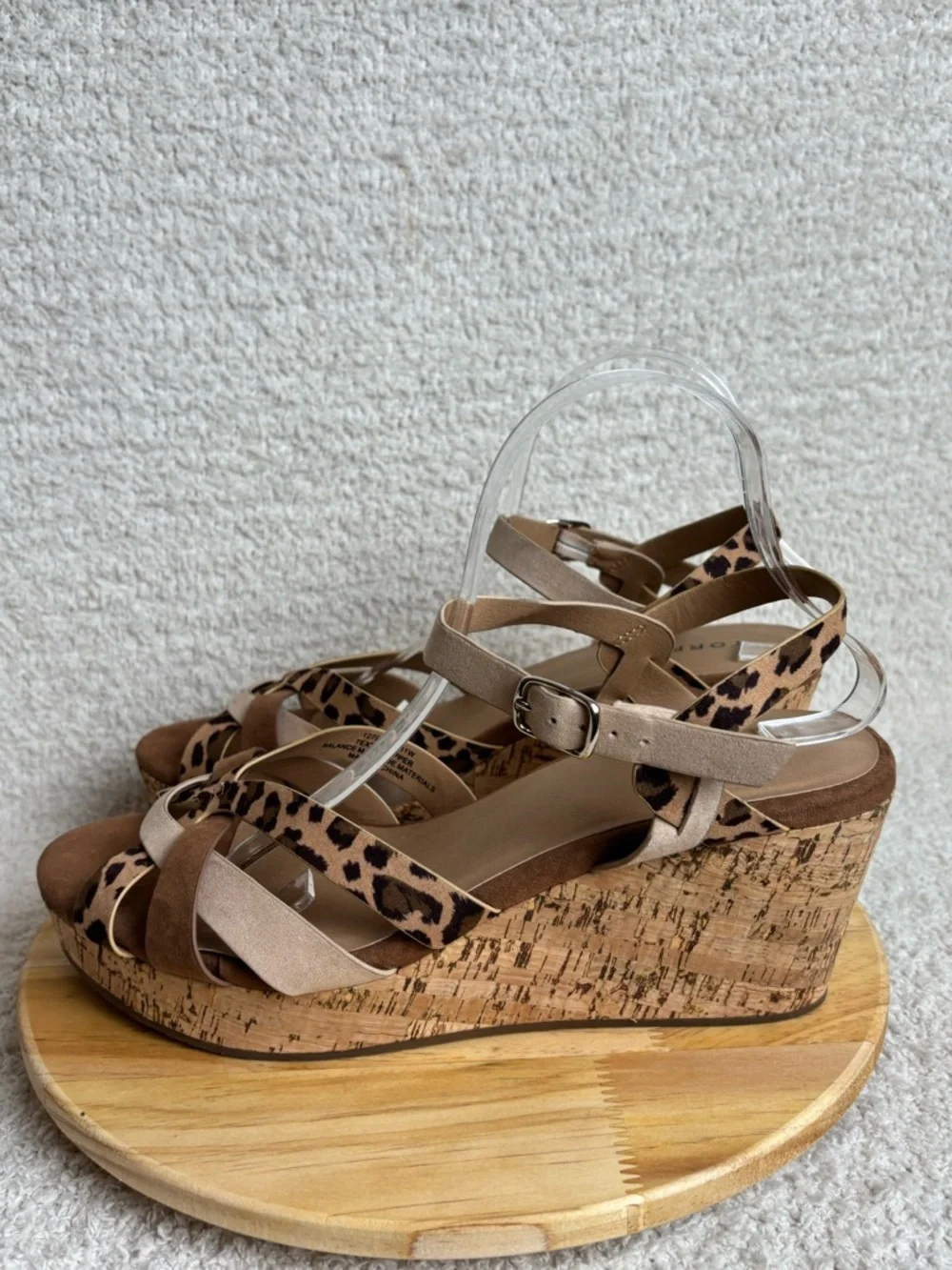Torrid Sandals Womens 11W Leopard Mixed Media Cork Wedge Buckle Strappy
